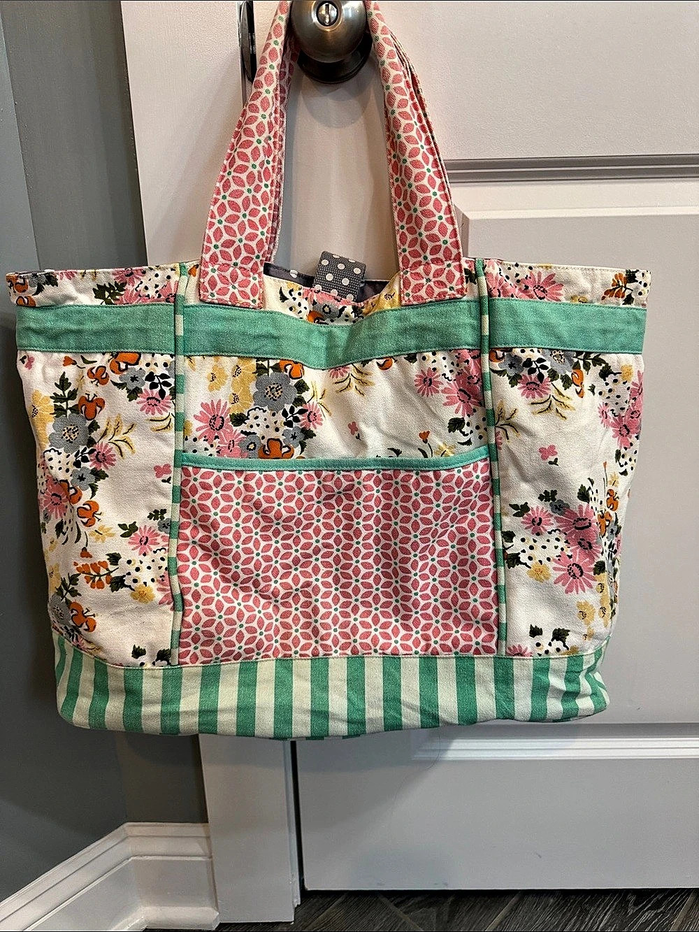Matilda Jane Good Times Canvas Floral Print Tote in Green & Pink Polka dots